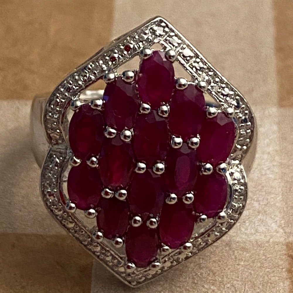 925 Sterling Silver Ring -White CZ & Ruby Crystals in Cluster- size 7
